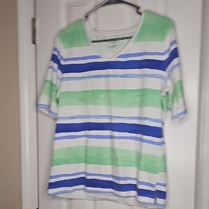 Talbots Mint and Light Blue Striped V-Neck Top